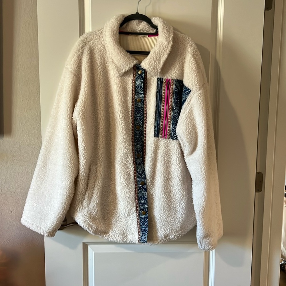 Free People x We The Free Sherpa Jacket Ivory with Blue Patchwork
